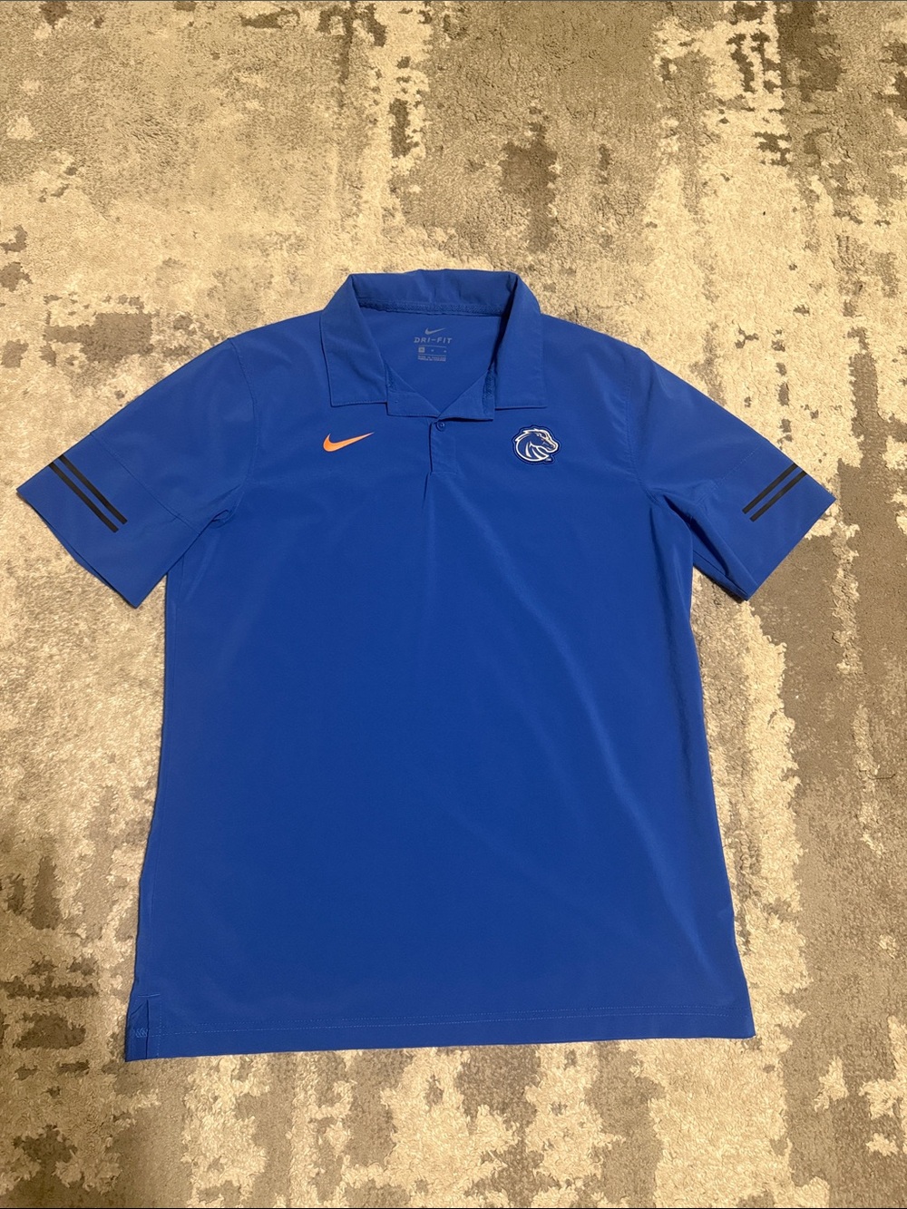 Nike Blue Polo with Orange Swoosh and Black Sleeve Stripes